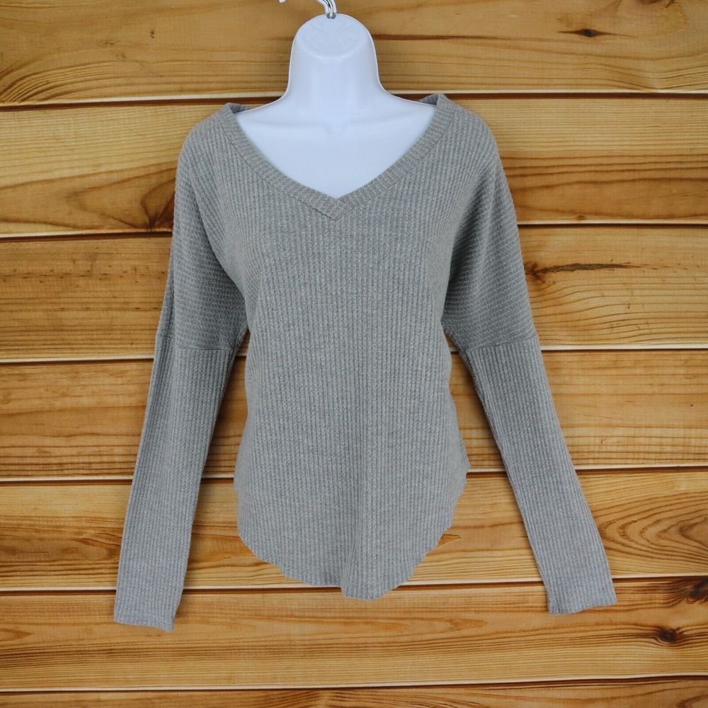Aeropostale Lightweight Sweater V-Neck Womens Size L Gray Ribbed Waffle-Knit